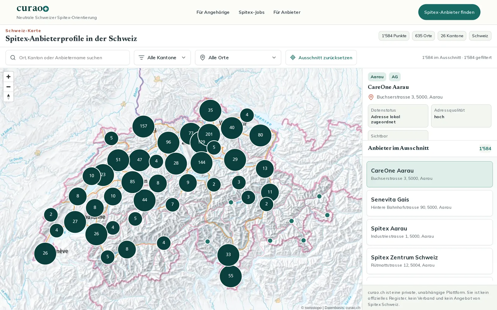 curao.ch — Schweiz-Karte mit Spitex-Anbieterprofilen und Anbieter-Panel