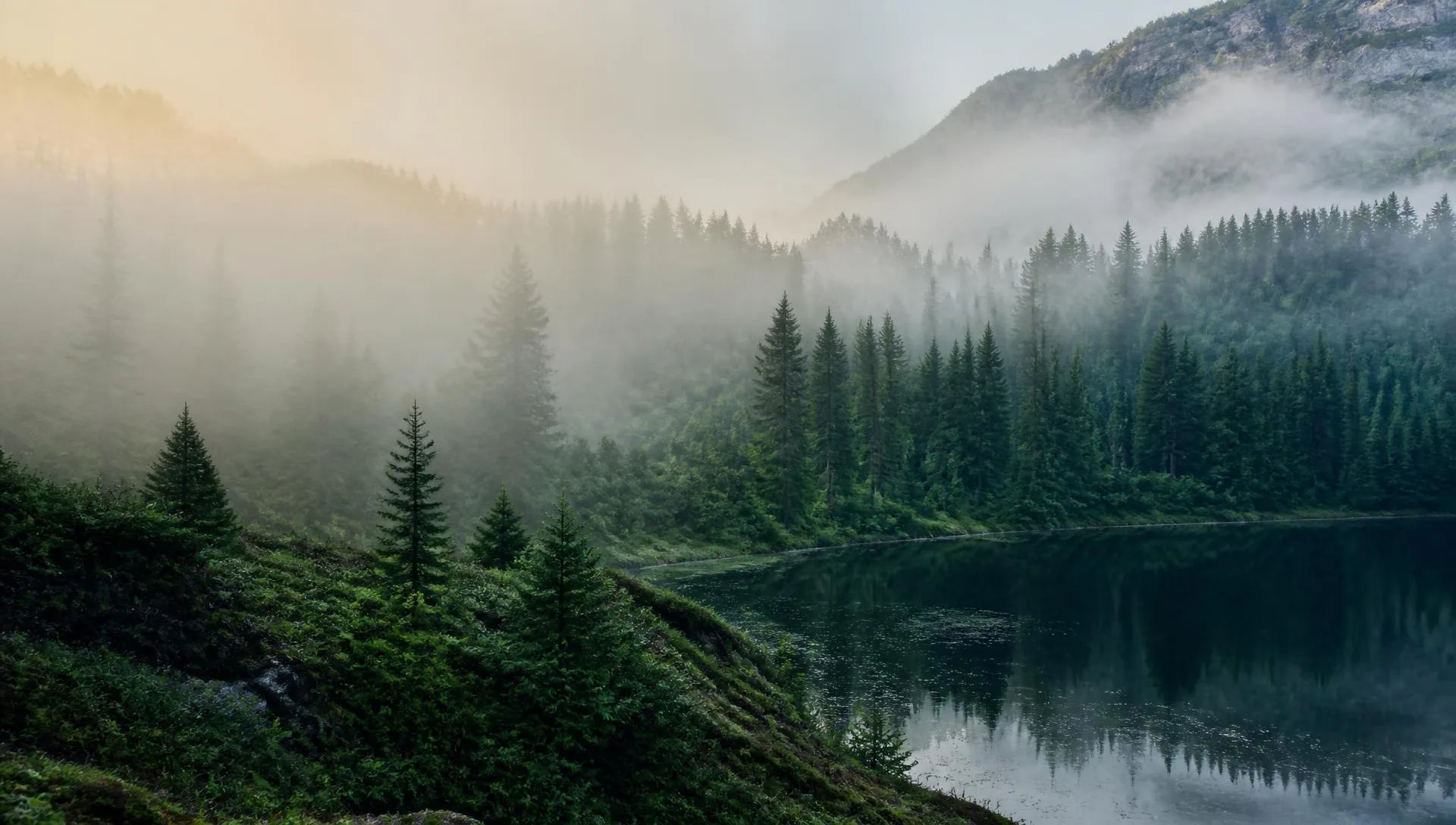 Dunkler Schweizer Bergwald im Morgennebel über einem stillen Alpensee